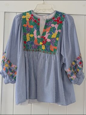 Striped Peasant Blouse with Colorful Embroidered Yoke